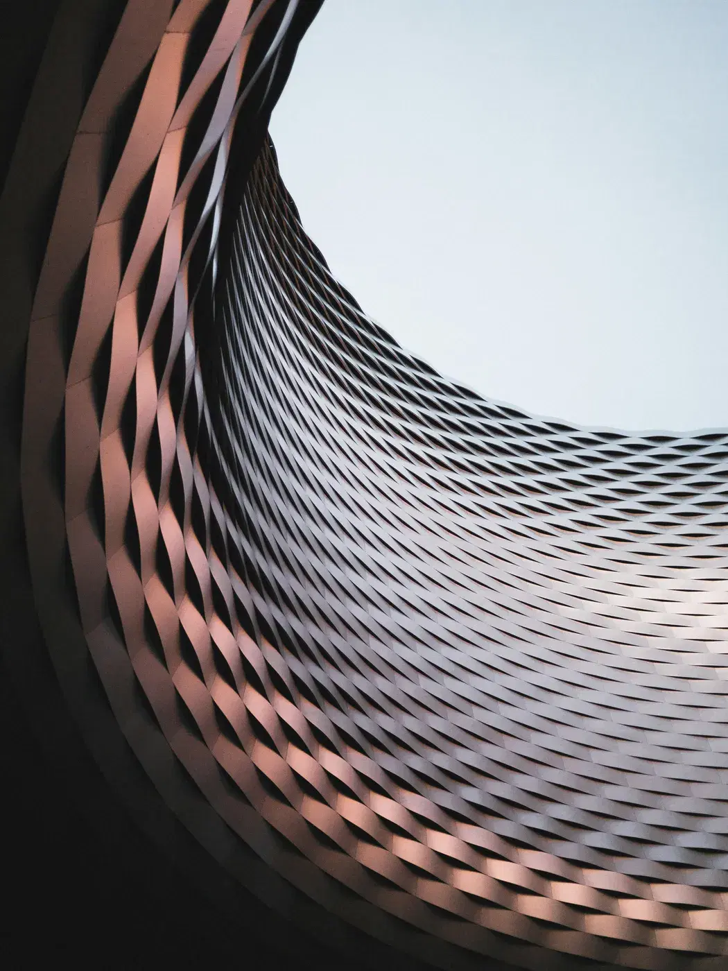 A curved building facade of woven metal bands against a pale sky